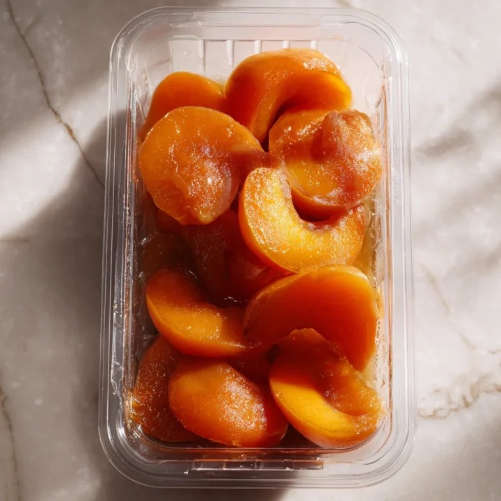 Peach slices packed in a clear plastic container with syrup for freezing