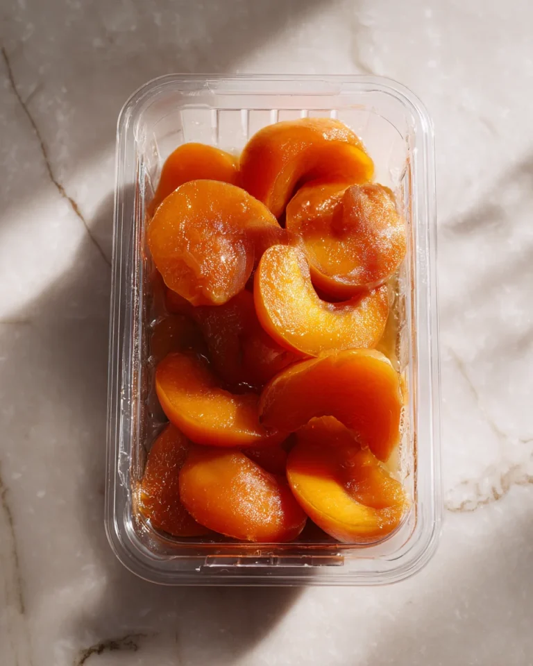 Peach slices packed in a clear plastic container with syrup for freezing