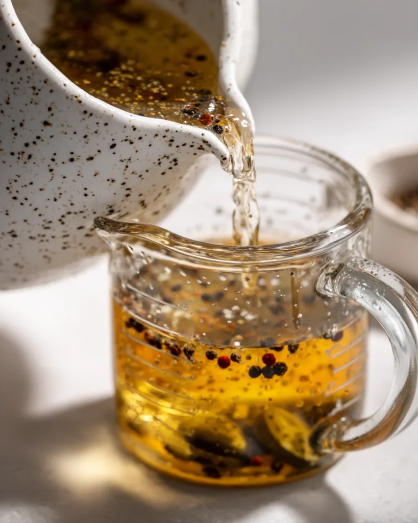 Clear brine with floating peppercorns and spices being poured into a glass measuring cup from a speckled ceramic pitcher
