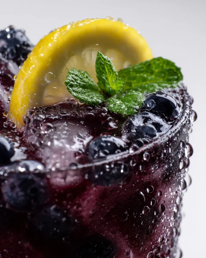 Ultra close-up of blueberry lemonade with lemon and mint