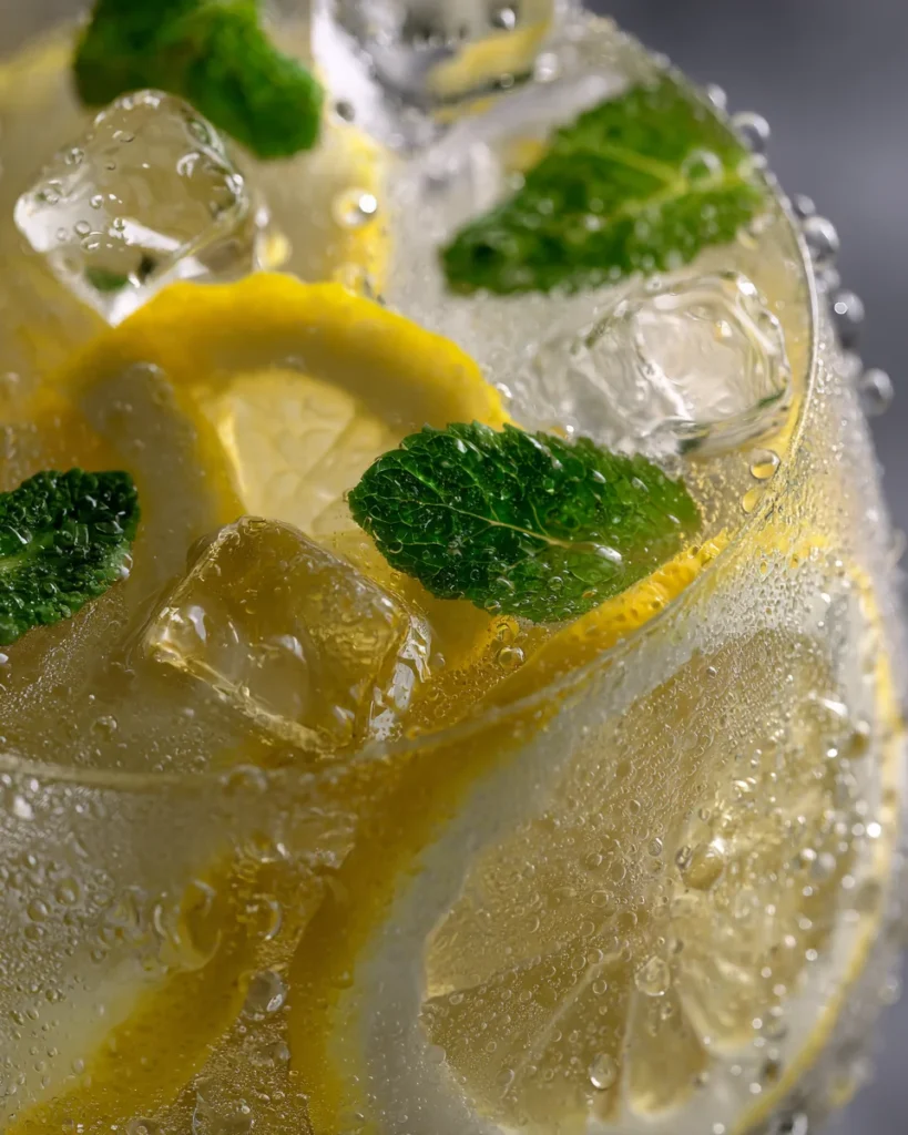 Extreme close-up of lemonade with lemon slices, ice cubes, and fresh mint leaves, covered in condensation for a hyper-realistic, refreshing look.