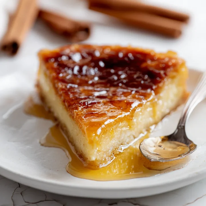 Slice of Greek honey pie Melopita drizzled with golden honey on a white plate