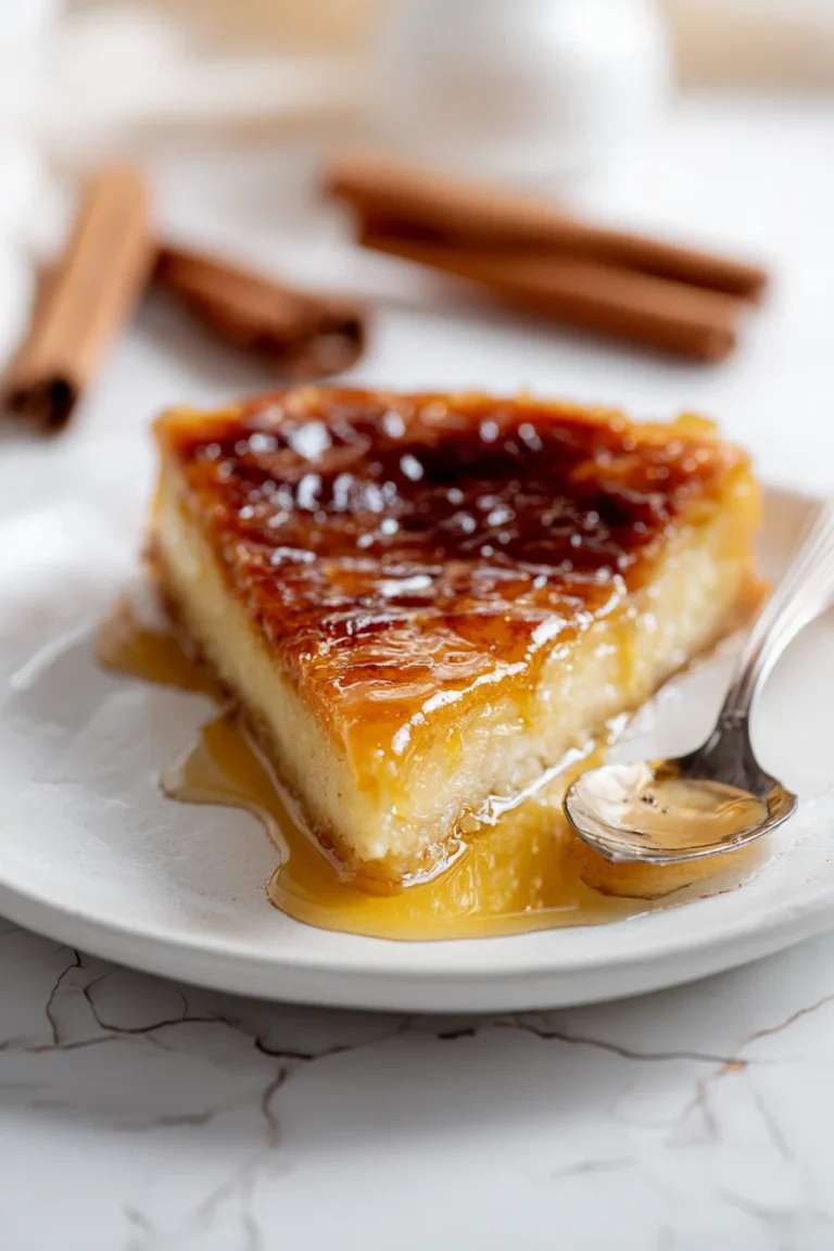Slice of Greek honey pie Melopita drizzled with golden honey on a white plate