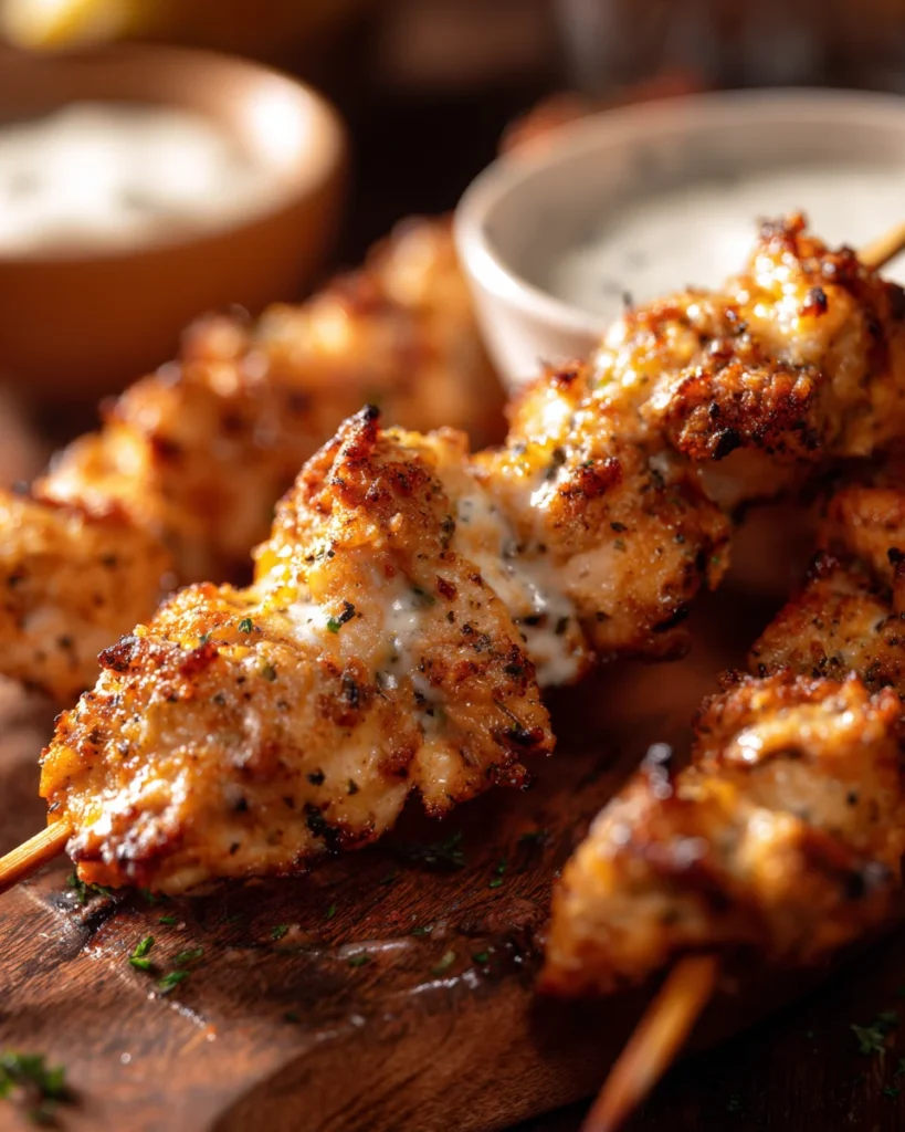 Ultra realistic chicken skewers coated in ranch and parmesan, served hot with dipping bowls in a warm, rustic kitchen setting.