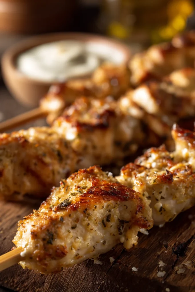 Ultra close-up of crispy Ranch Garlic Parmesan chicken skewers on a wooden board with parmesan flecks and herbs, ranch dip in the background.