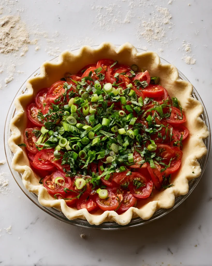 Unbaked tomato pie filled with tomatoes, scallions, and chopped basil