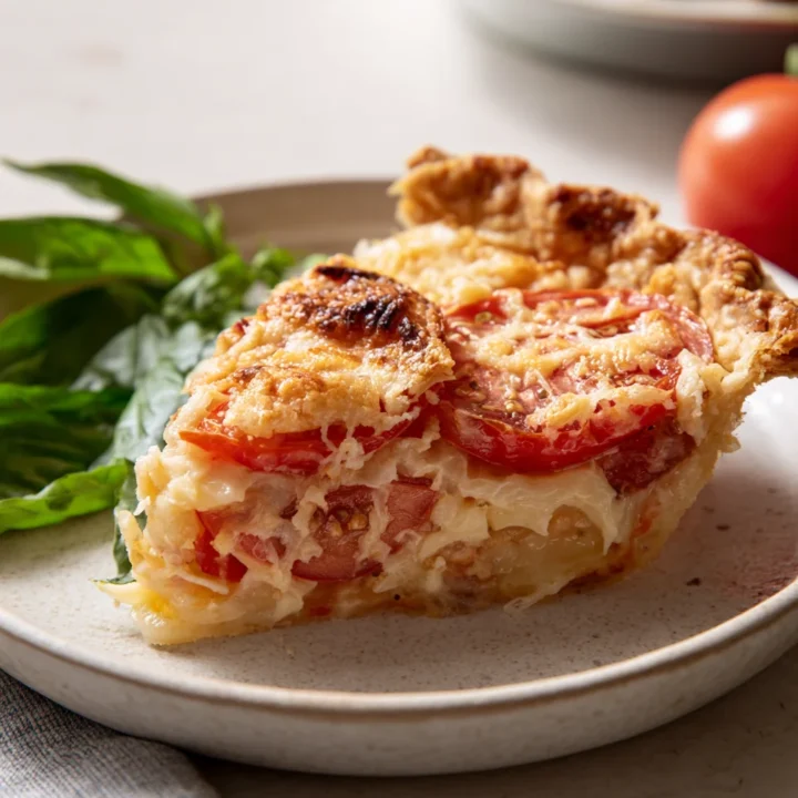 A slice of Southern tomato pie on a ceramic plate with fresh basil