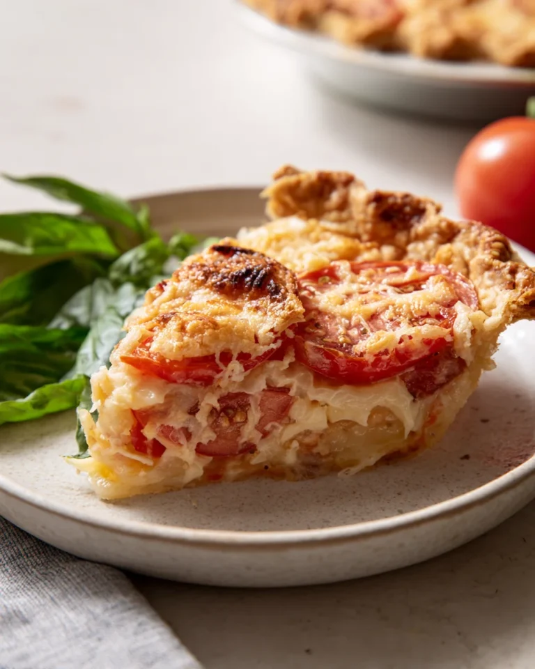 A slice of Southern tomato pie on a ceramic plate with fresh basil