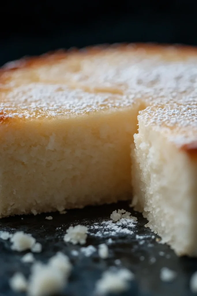 : Close-up of a moist, fluffy gluten-free cake made with sweet rice flour, topped with powdered sugar