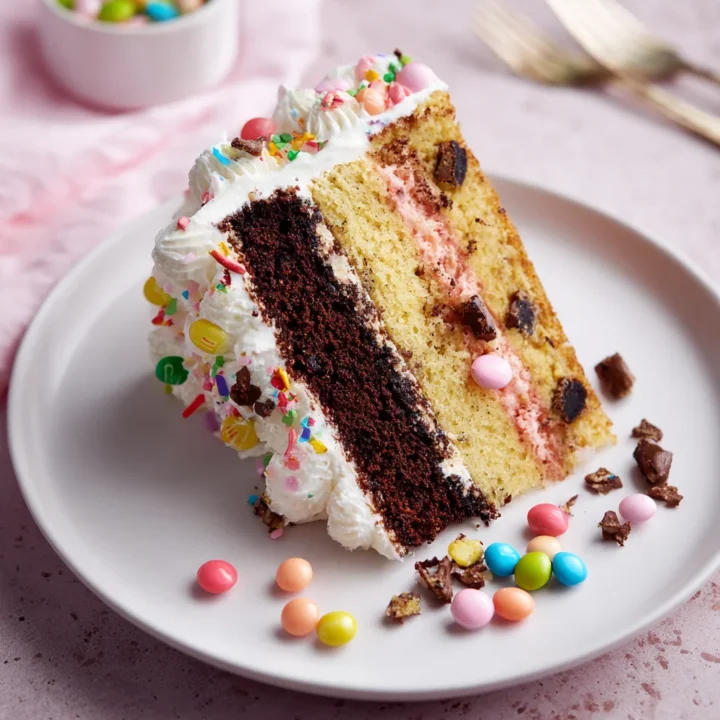 Slice of Neapolitan cake with chocolate and vanilla layers, whipped frosting, colorful sprinkles, and candy toppings on a white plate