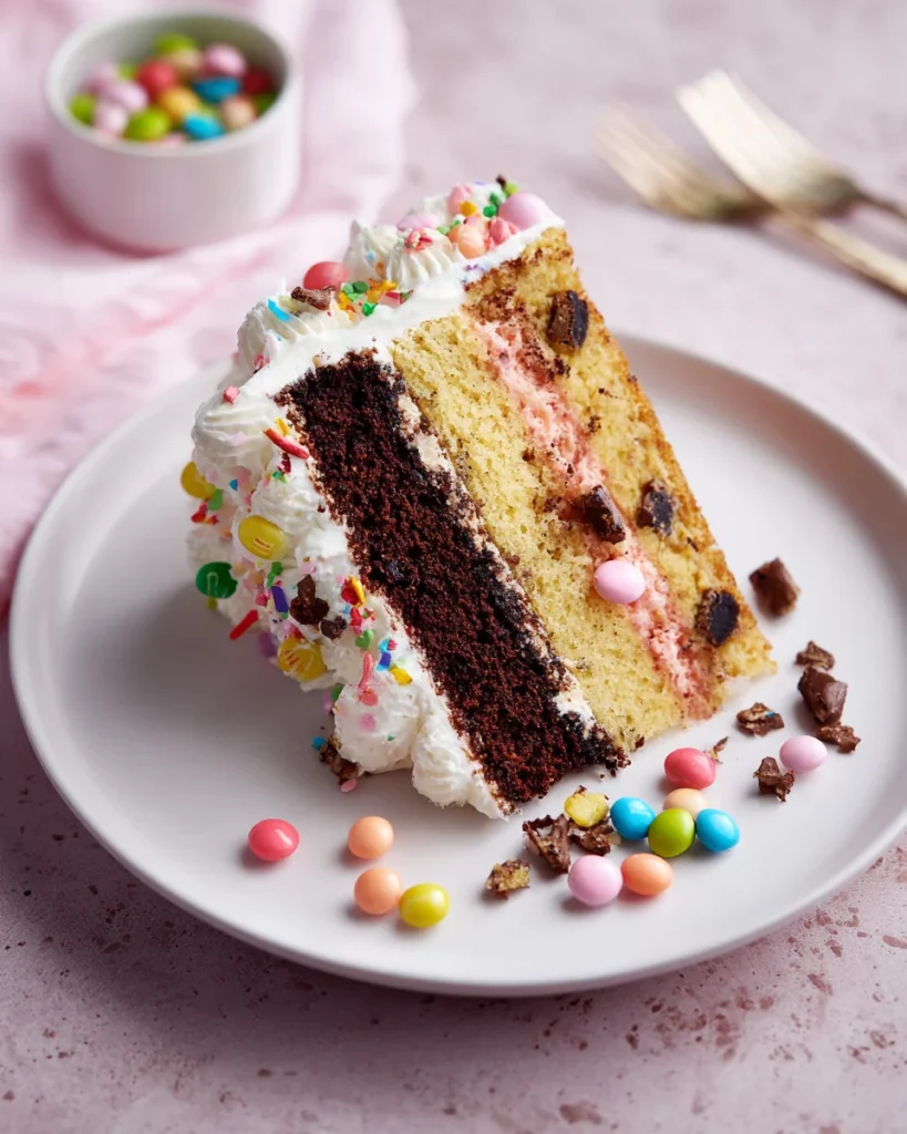 Slice of Neapolitan cake with chocolate and vanilla layers, whipped frosting, colorful sprinkles, and candy toppings on a white plate