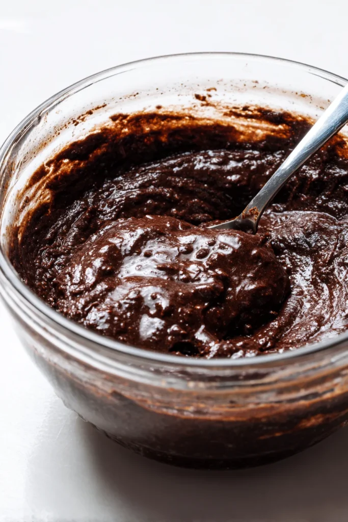 Thick chocolate brownie batter in a clear glass bowl with a metal spoon, glossy and rich texture.

