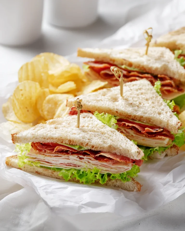 Triangular club sandwich slices with bacon, turkey, lettuce, and tomato served with potato chips on white parchment paper