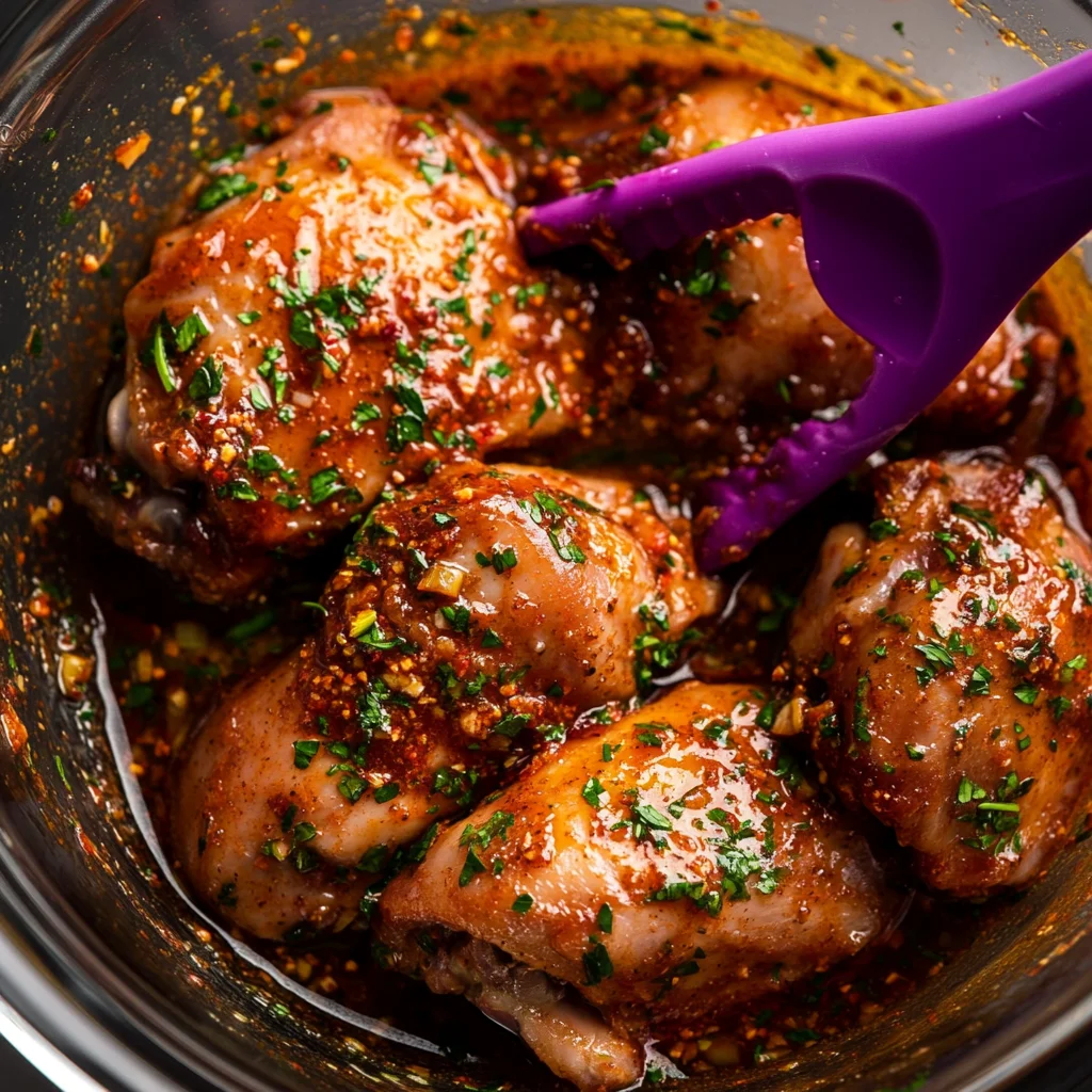 Raw chicken thighs coated in a vibrant paprika herb marinade, tossed with purple silicone tongs inside a glass bowl