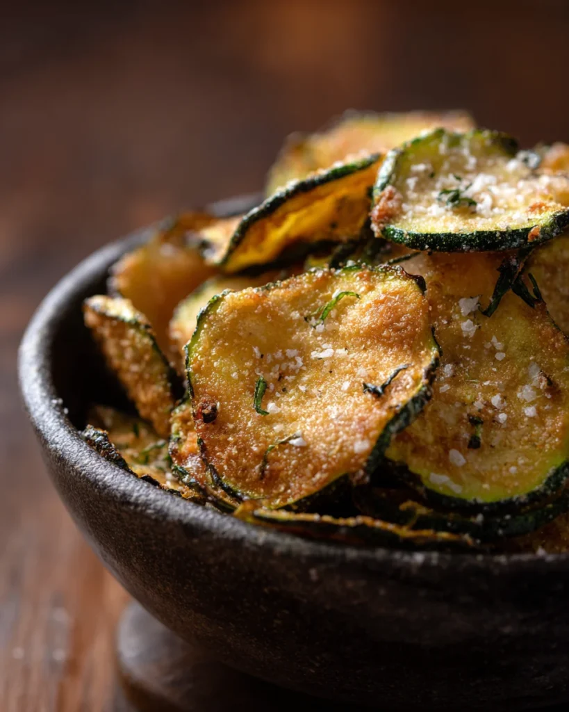 Bowl of baked zucchini chips with crispy edges and coarse salt on a wooden table