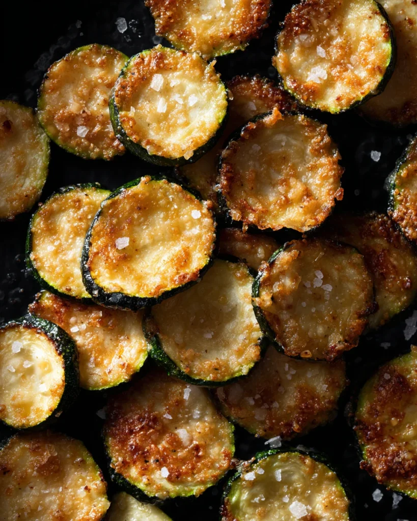 Close-up of oven-baked zucchini chips on a baking tray, golden and sprinkled with sea salt