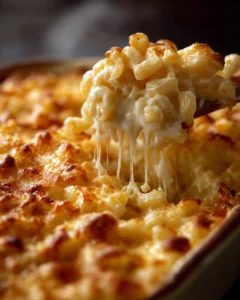 Spoon lifting a creamy scoop of baked mac and cheese from a bubbling casserole dish