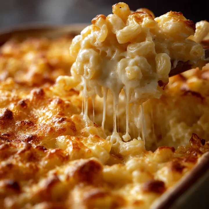Spoon lifting a creamy scoop of baked mac and cheese from a bubbling casserole dish