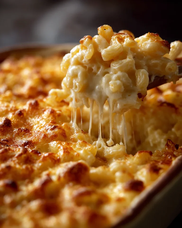 Spoon lifting a creamy scoop of baked mac and cheese from a bubbling casserole dish