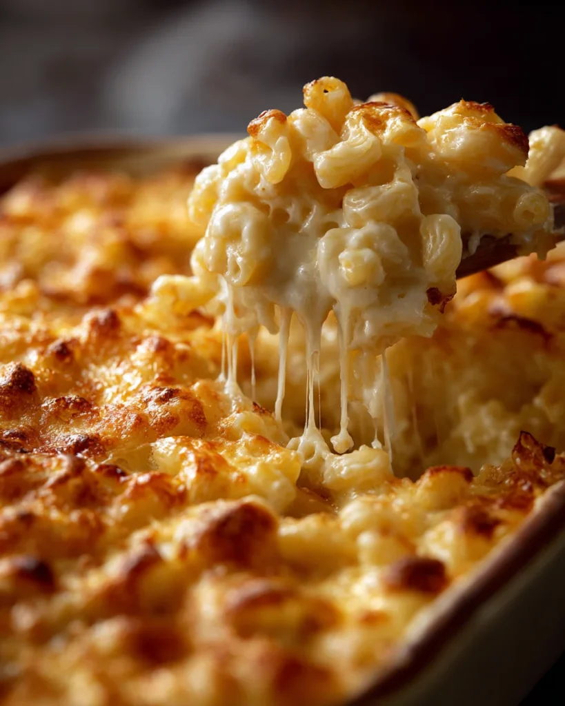 Spoon lifting a creamy scoop of baked mac and cheese from a bubbling casserole dish