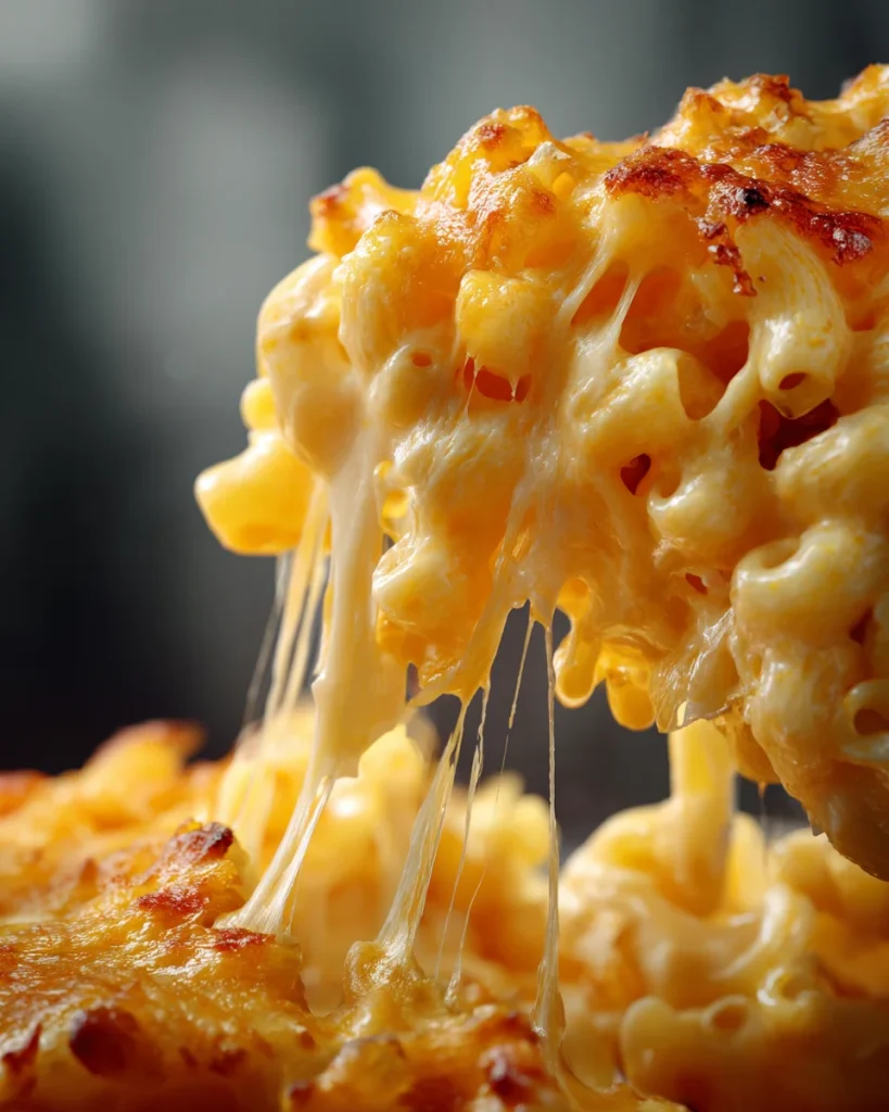 Close-up of mac and cheese being lifted with a fork, showing gooey, melted cheese strands
