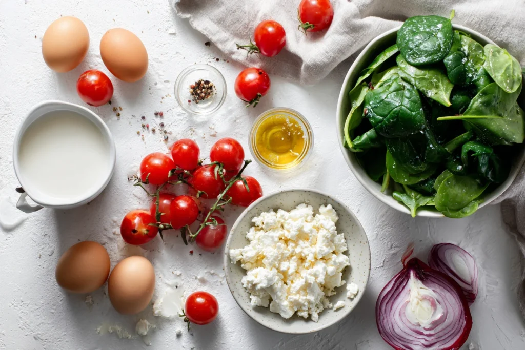 Flat lay of frittata ingredients: eggs, cherry tomatoes, fresh spinach, red onion, goat cheese, olive oil, milk, and pepper.