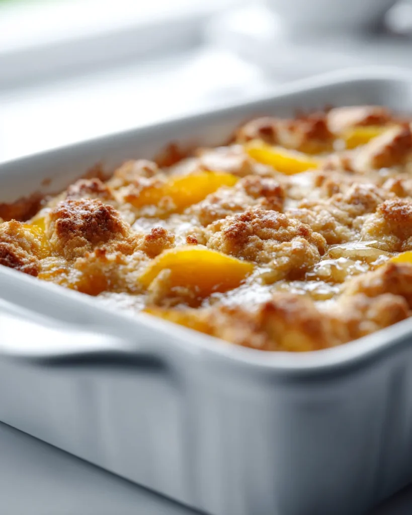 Close-up of warm peach cobbler in white baking dish showing golden crust and tender peach slices in sunlight.