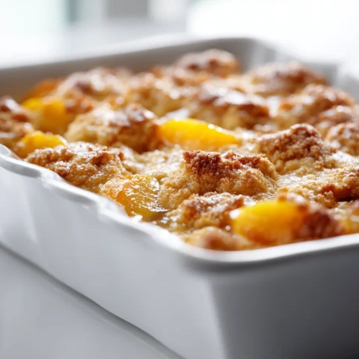 Ultra close-up of golden peach cobbler in white ceramic dish with crisp biscuit topping, bathed in natural daylight.