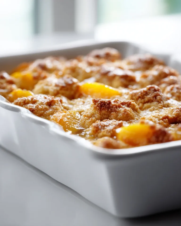 Ultra close-up of golden peach cobbler in white ceramic dish with crisp biscuit topping, bathed in natural daylight.