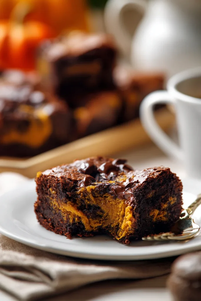 Pumpkin swirl brownie square with a bite taken out, rich chocolate and pumpkin layers, on a white plate with blurred pumpkins and coffee cup in background.

