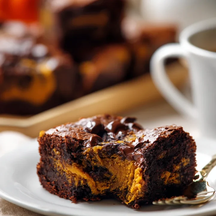Pumpkin swirl brownie square with a bite taken out, rich chocolate and pumpkin layers, on a white plate with blurred pumpkins and coffee cup in background.