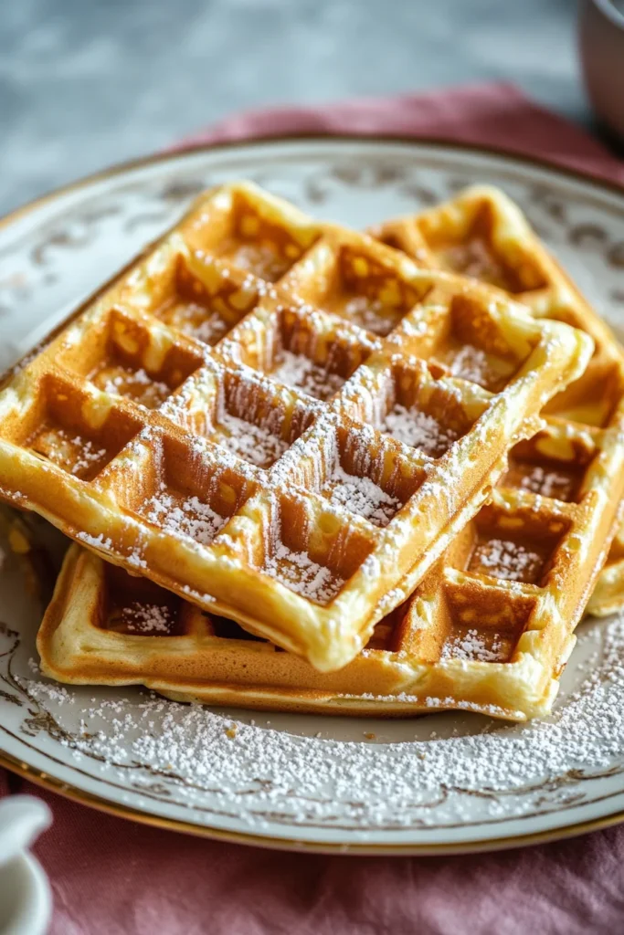 Stack of golden gluten-free corn flour waffles dusted with powdered sugar on a vintage plate