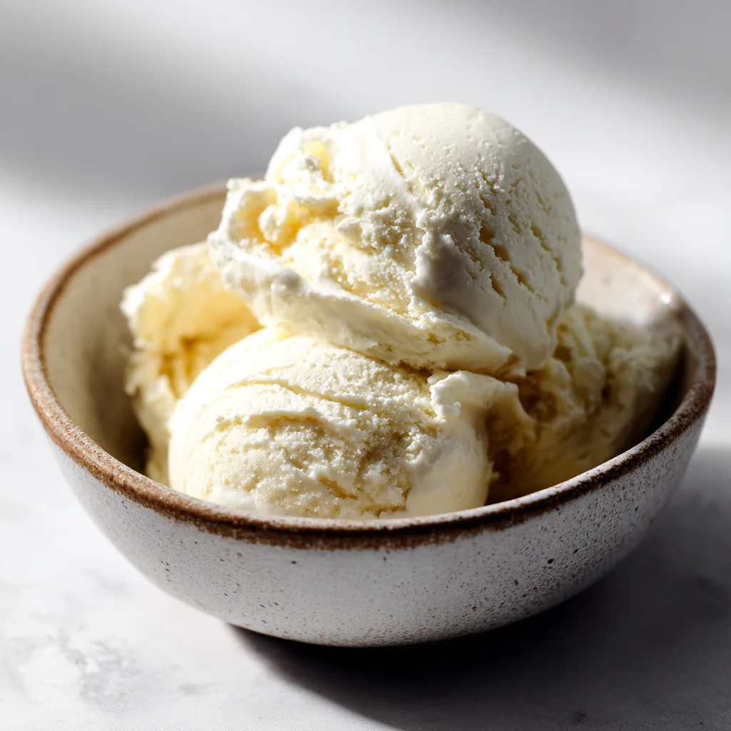 Scoops of homemade vanilla ice cream in a rustic ceramic bowl on a light marble surface