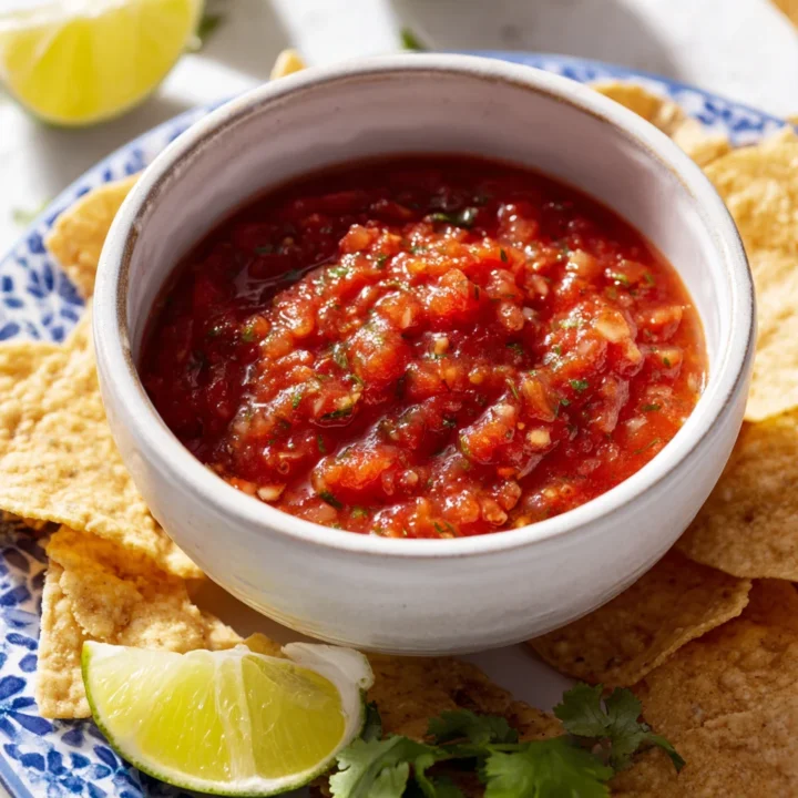Homemade chunky salsa made with fresh tomatoes, cilantro, onions, and jalapeños served in a white bowl with tortilla chips and lime wedges on a blue patterned plate.