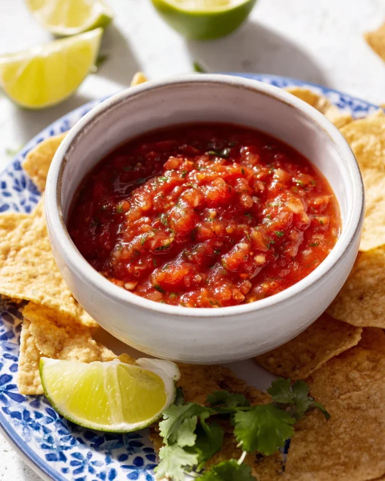 Homemade chunky salsa made with fresh tomatoes, cilantro, onions, and jalapeños served in a white bowl with tortilla chips and lime wedges on a blue patterned plate.