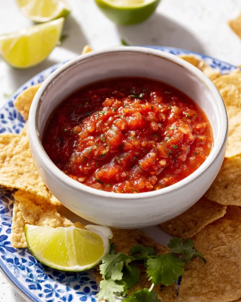 Homemade chunky salsa made with fresh tomatoes, cilantro, onions, and jalapeños served in a white bowl with tortilla chips and lime wedges on a blue patterned plate.