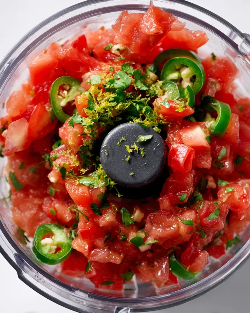 Fresh chopped tomatoes, cilantro, jalapeños, lime zest, and onions in a food processor before blending for homemade salsa.