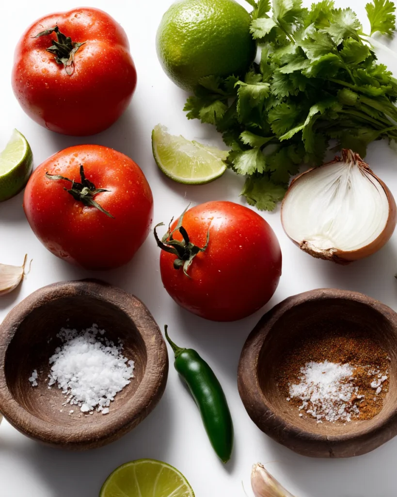 Flat-lay of fresh tomatoes, cilantro, lime, onion, garlic cloves, coarse salt, jalapeño, and ground spices on a white background for making salsa.