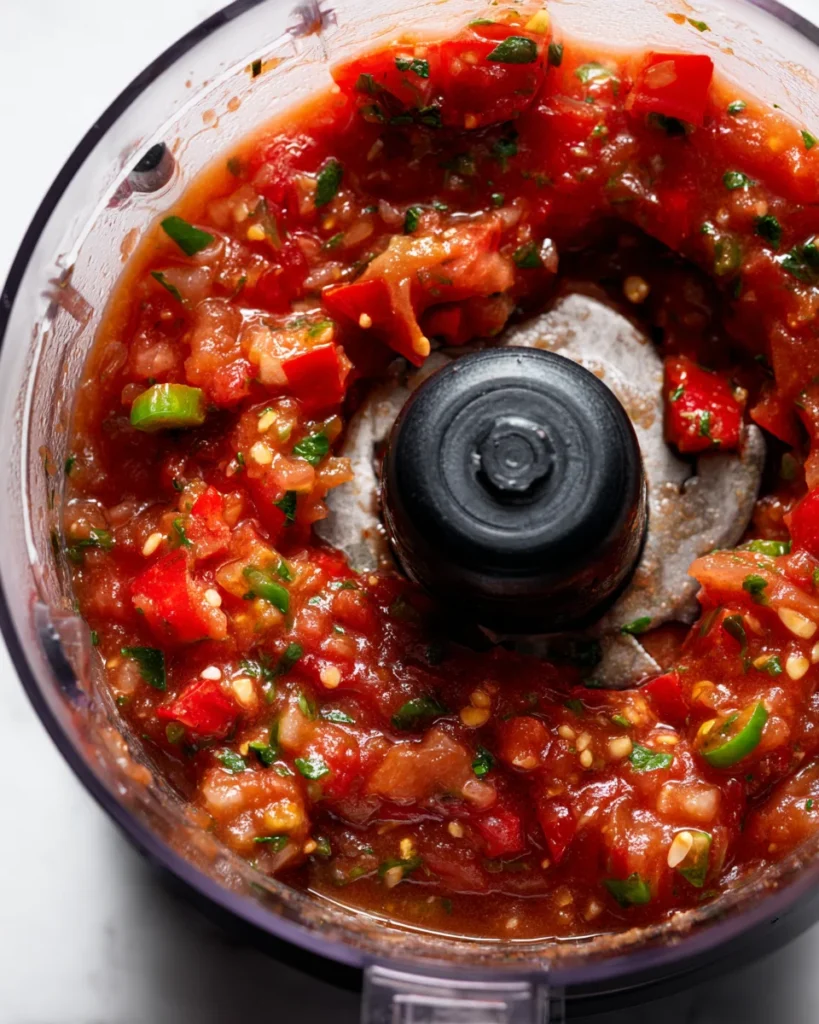Homemade salsa freshly blended in a food processor with visible tomato, cilantro, and pepper pieces.