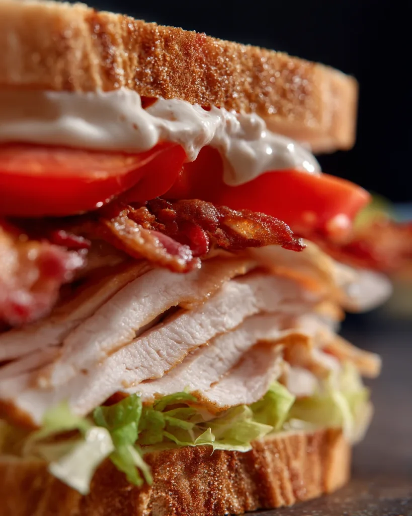 Ultra close-up of club sandwich showing layers of turkey, bacon, tomato, lettuce, and mayonnaise between toasted bread slices