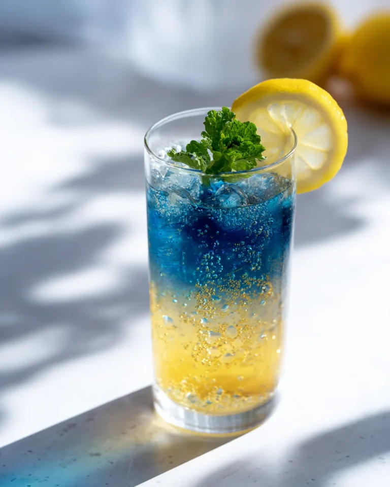 Layered honey lemon and butterfly pea flower fizz in a tall glass with ice, garnished with lemon slice and mint, on a sunlit white surface