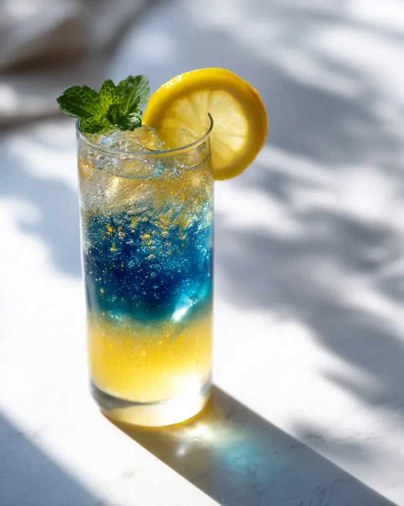 Tall glass of honey lemon butterfly pea fizz mocktail with ice, lemon slice, and fresh mint