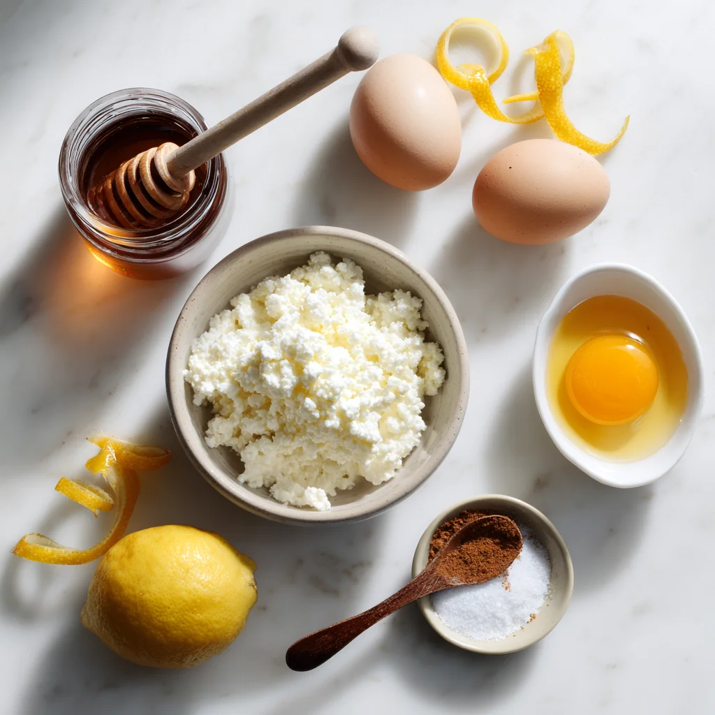 Overhead view of fresh ricotta cheese, a jar of honey with dipper, whole and cracked eggs, lemon with zest curls, ground cinnamon, vanilla, and salt on a white marble background for Greek cheese pie.