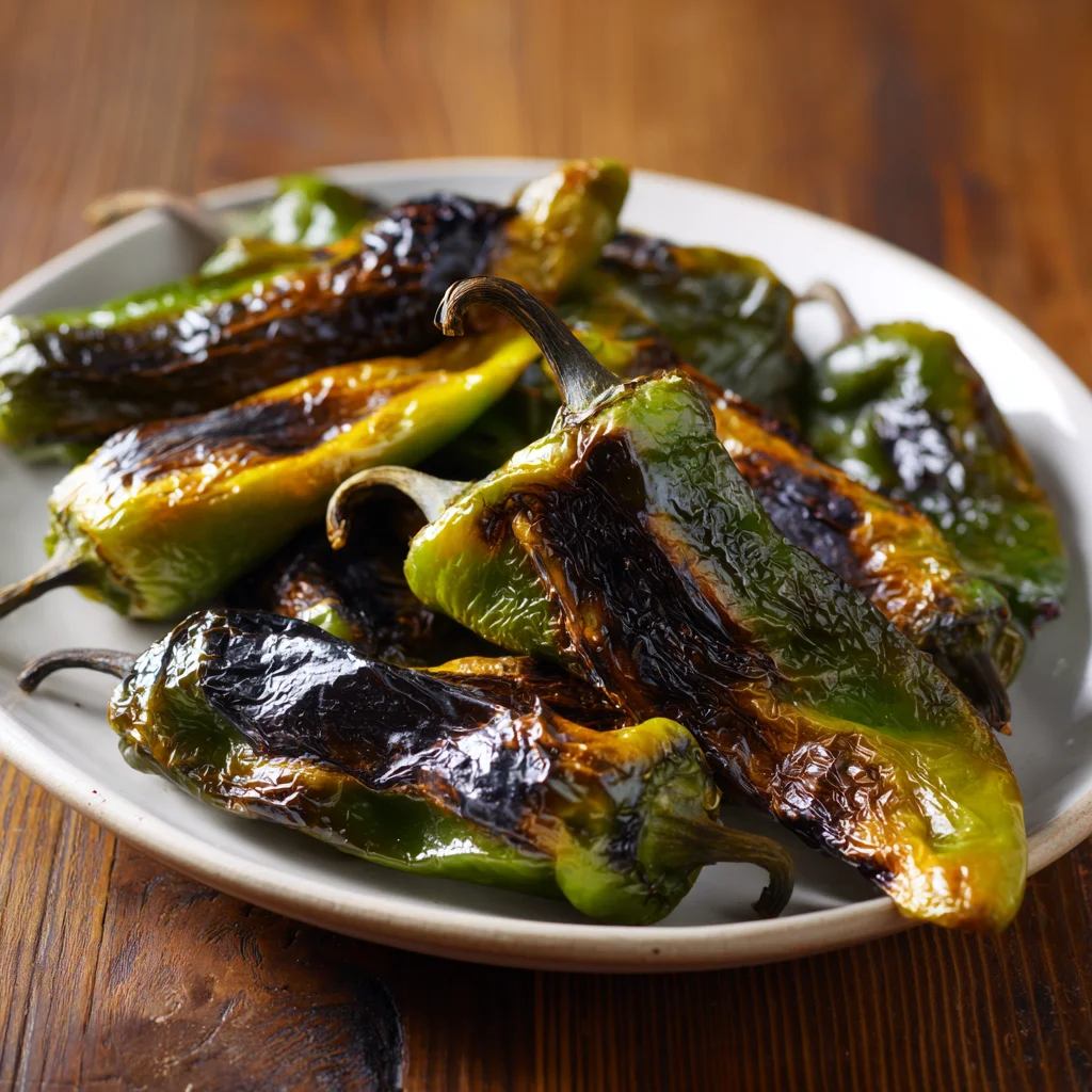 Roasted Hatch green chiles with blistered skins on a white plate
