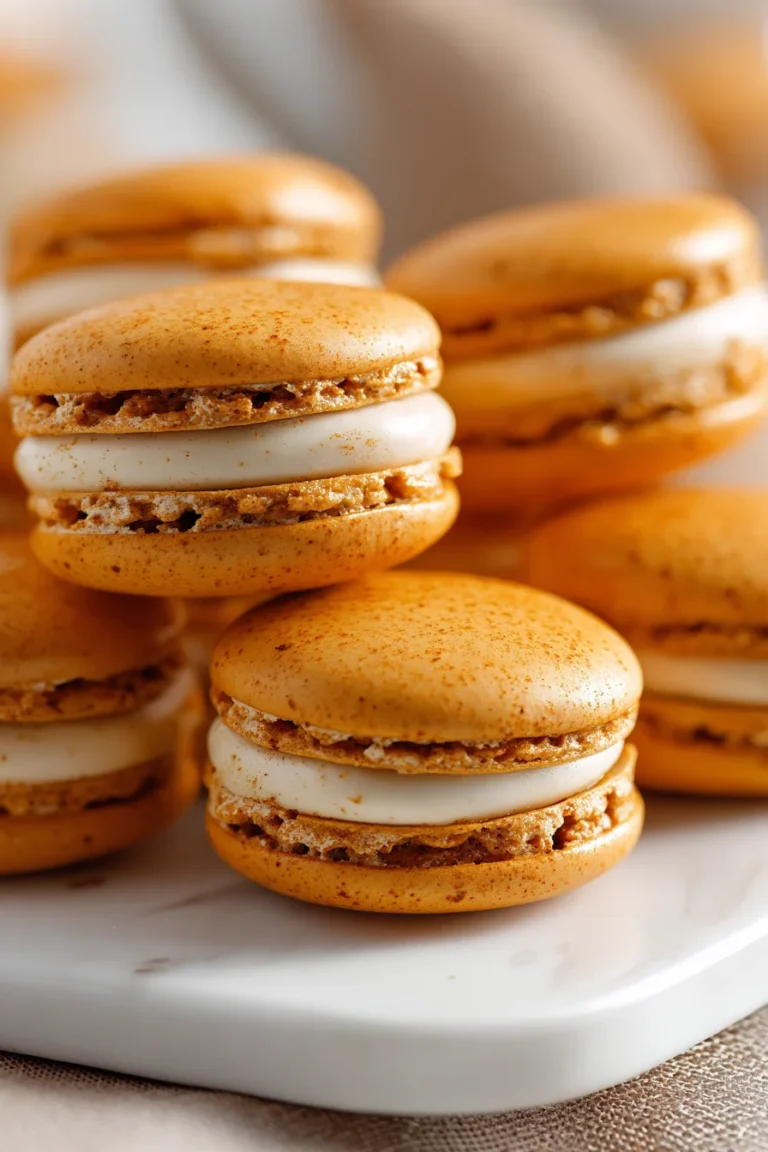 Pumpkin spice French macarons with creamy white pumpkin filling, stacked on a white marble plate in soft autumn light.