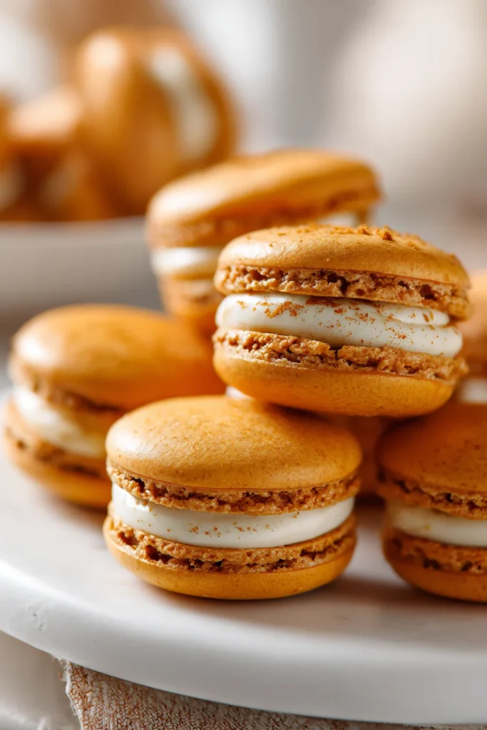 Close-up of pumpkin spice macarons with creamy filling, warm orange shells with speckled spice, stacked on a white plate.