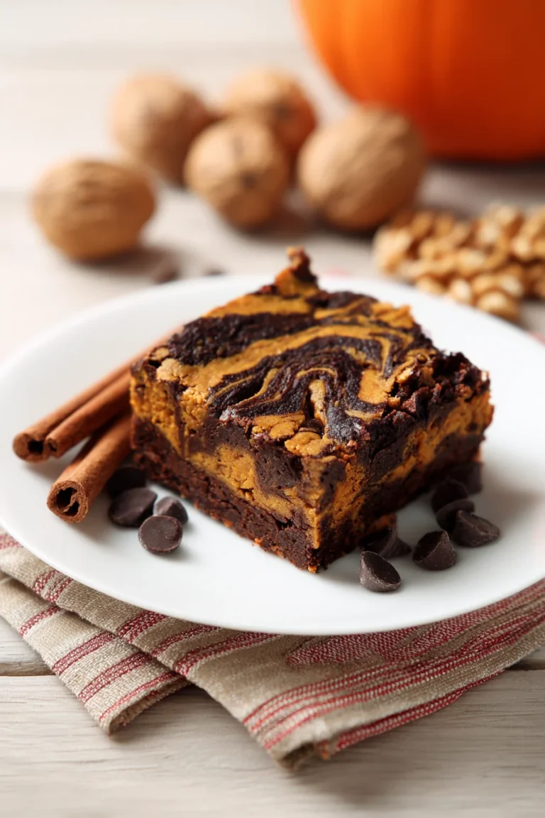 Pumpkin swirl brownie square with chocolate chips and cinnamon sticks on a white plate, pumpkin and walnuts in background.