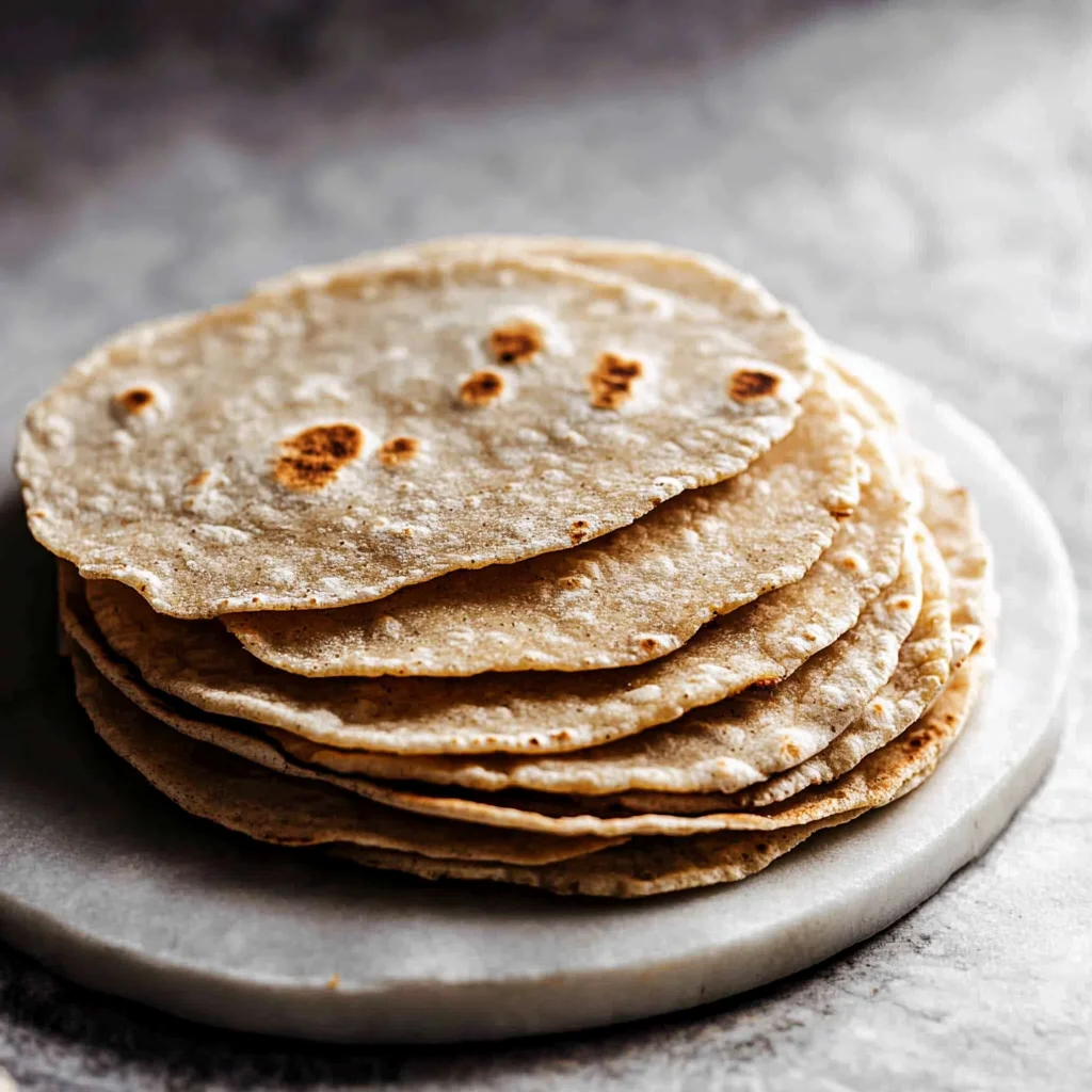 Soft stack of cassava tortillas with golden brown spots, styled on a marble round plate
