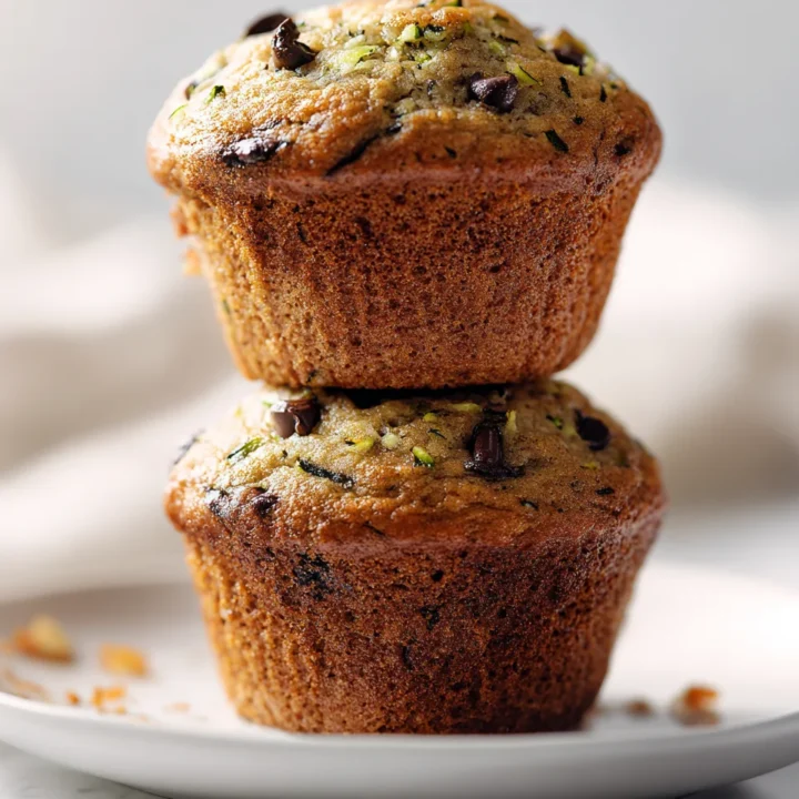 Two chocolate chip zucchini muffins stacked on a white plate, showcasing their moist crumb and golden tops.