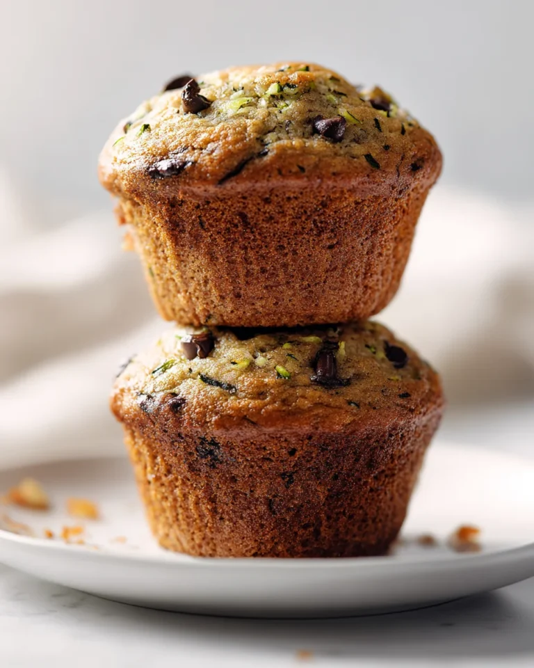 Two chocolate chip zucchini muffins stacked on a white plate, showcasing their moist crumb and golden tops.